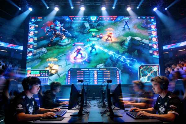 电竞比赛现场，选手专注操作与巨大屏幕画面